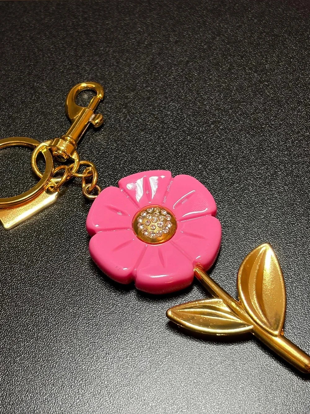 Pink Flower Keychain with Gold Stem and Crystal Center